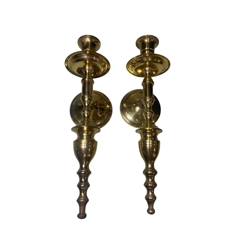 Vintage Pair Brass Wall Mounted Taper Candle Holders Sconces 11" India Heavy